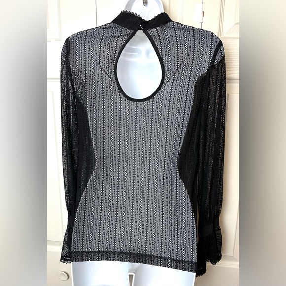 TRINA TURK Cicero Mock Neck Black Noir Lace Blouse Top Shirt Semi Sheer Ruffle - Picture 13 of 15